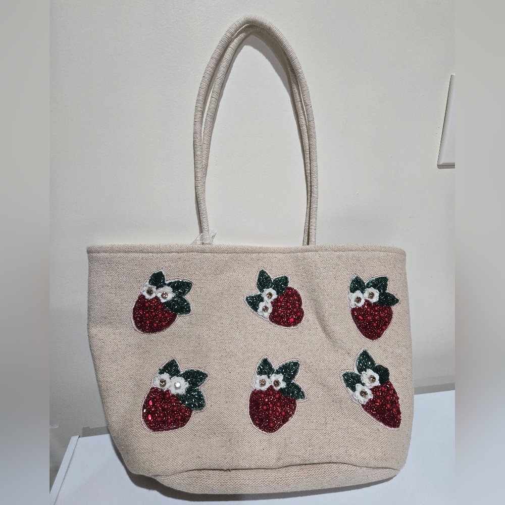 Strawberry Beaded Embellished Tote Bag